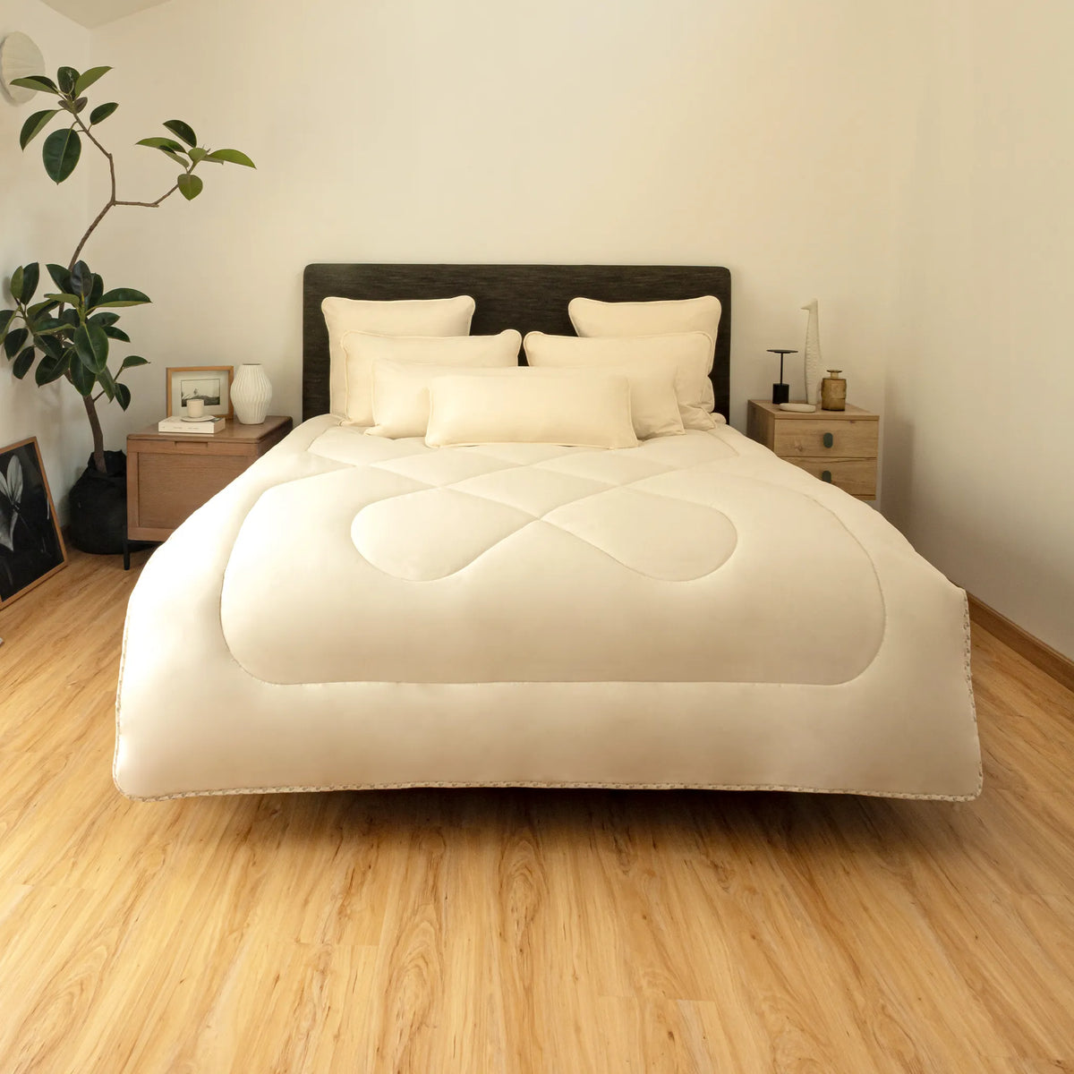 Bedroom with the Alpalove All Season baby alpaca duvet on a bed in soft natural light