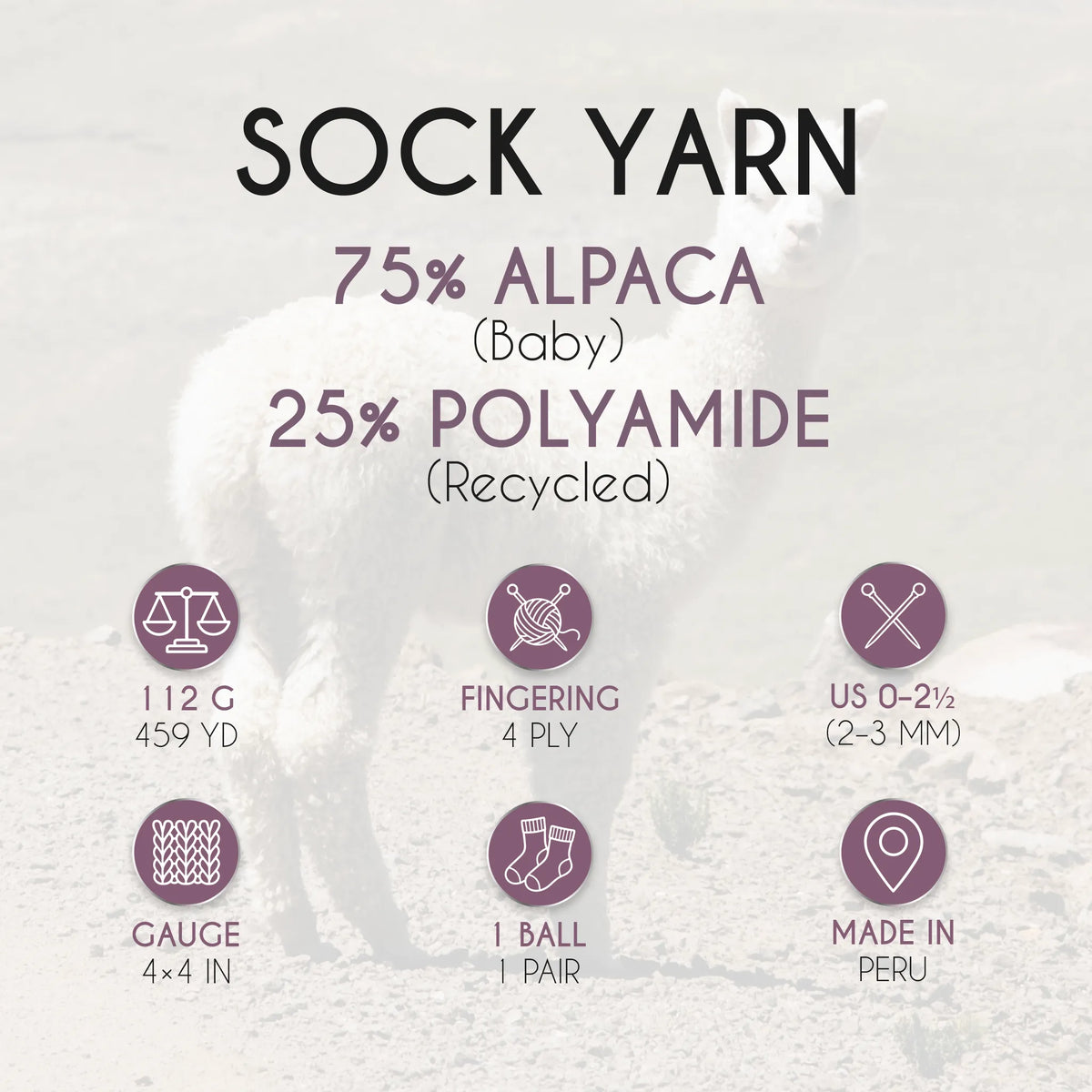 Alpalove sock yarn specs: 75% baby alpaca, 25% recycled polyamide, 112 g and 459 yd per ball, US 0–2½ needles, machine wash cold
