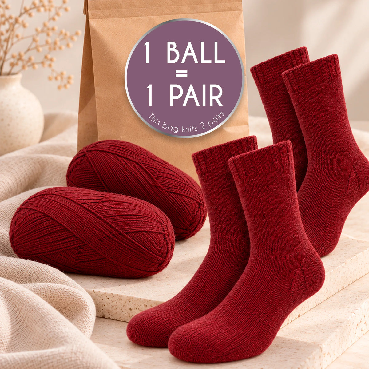 Alpalove sock yarn kraft paper bag with two balls: one ball knits one pair of socks, each bag knits two pairs
