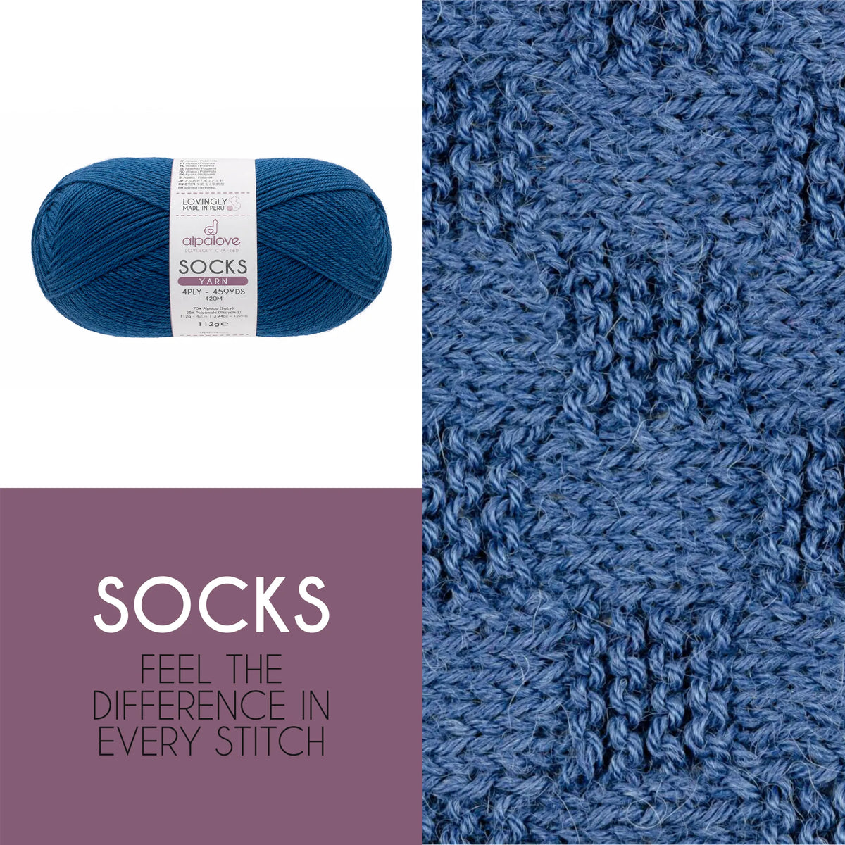 Close-up of knit fabric in Alpalove Blue Jean baby alpaca sock yarn