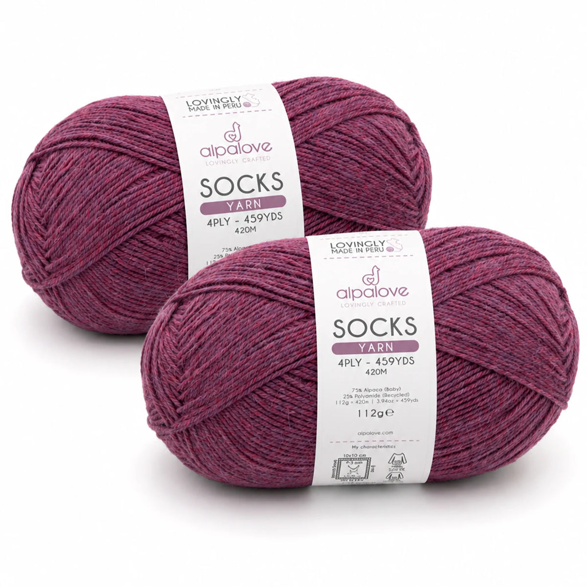 Two balls of Alpalove Lila sock yarn, 75% baby alpaca 25% recycled polyamide
