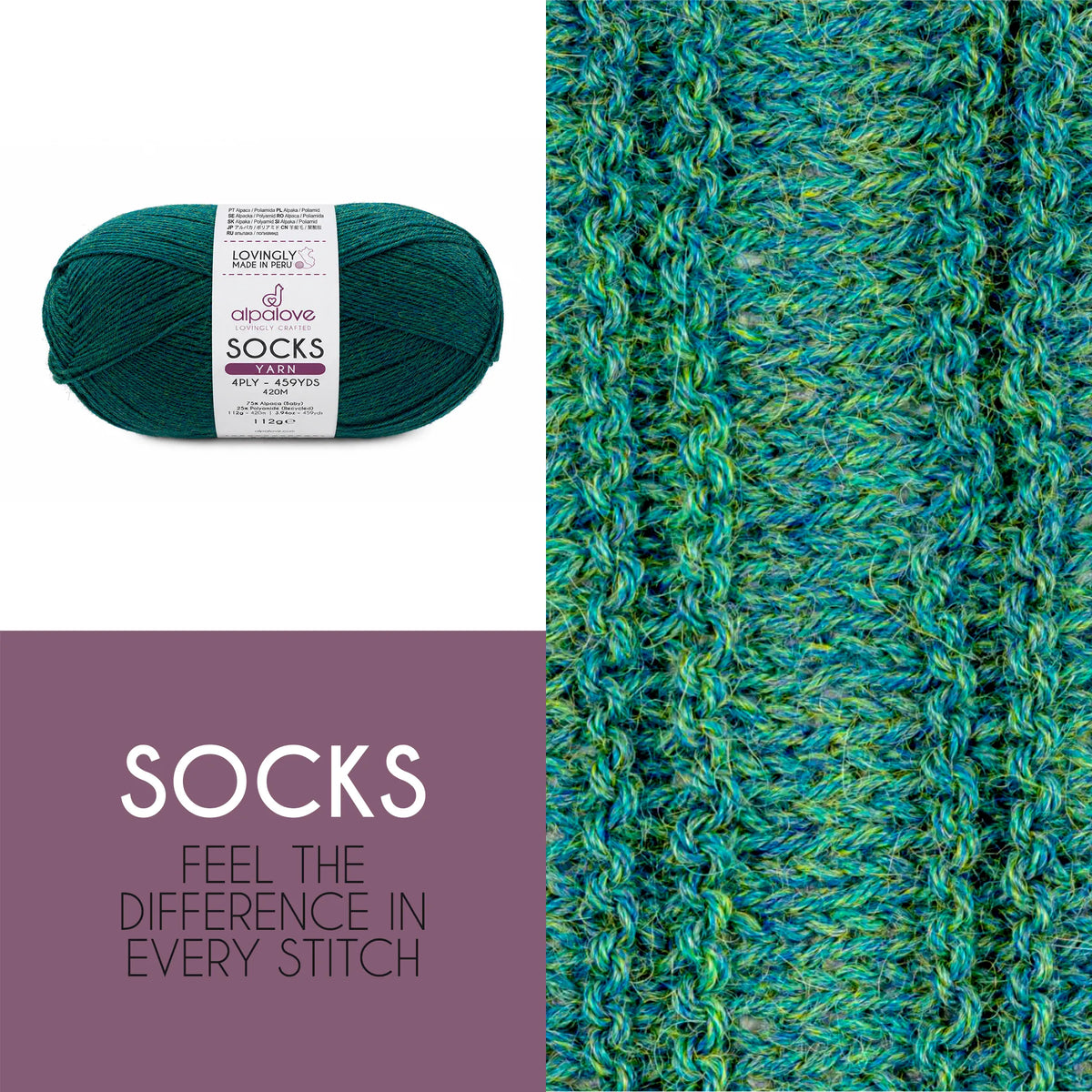 Close-up of knit fabric in Alpalove Blue Green baby alpaca sock yarn