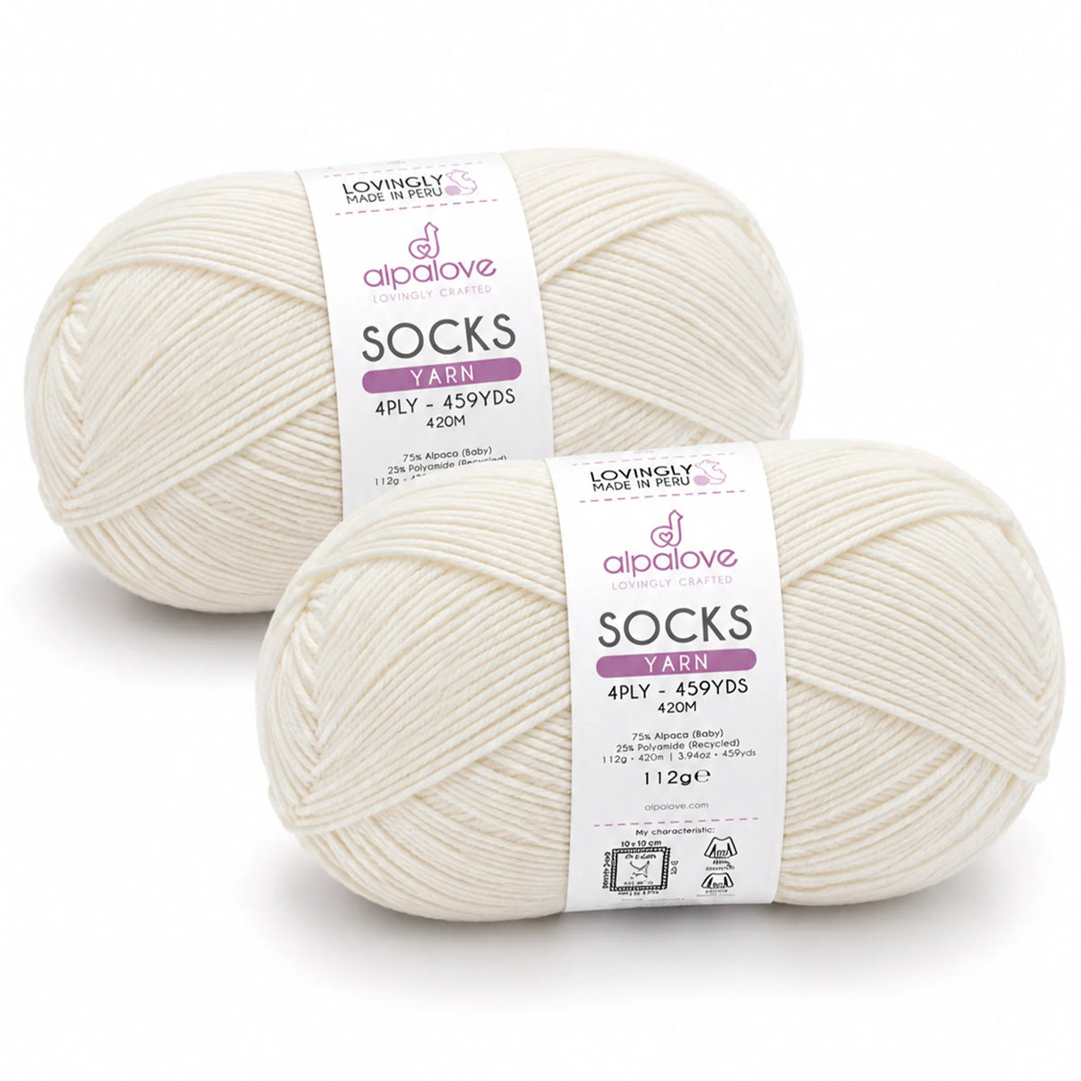 Two balls of Alpalove Ecru sock yarn, 75% baby alpaca 25% recycled polyamide