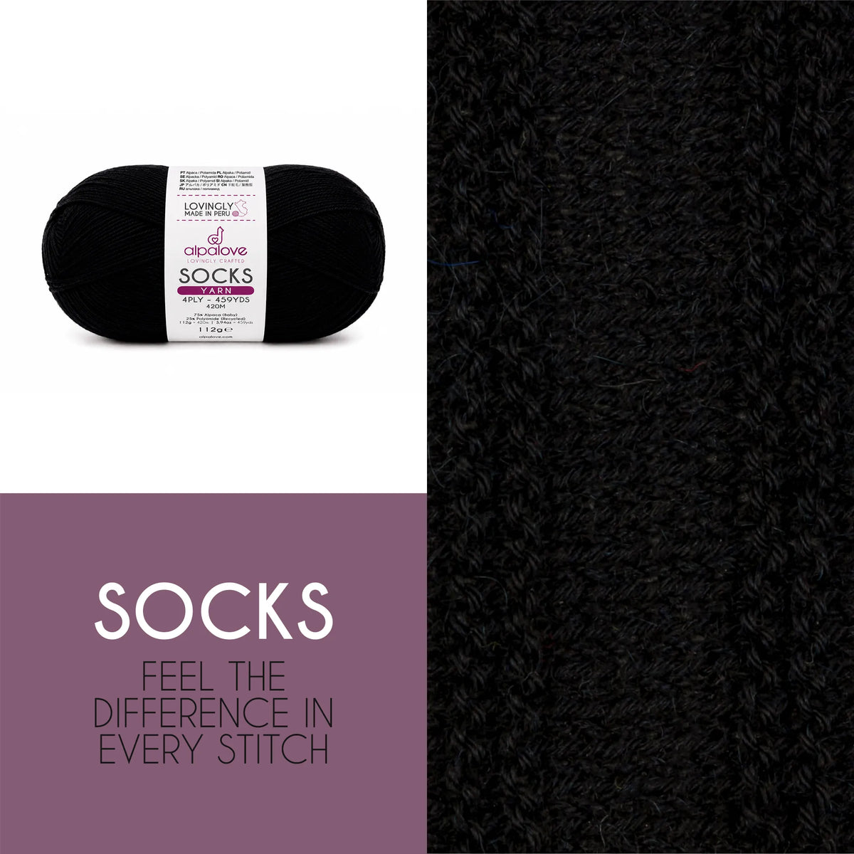 Close-up of knit fabric in Alpalove Black baby alpaca sock yarn