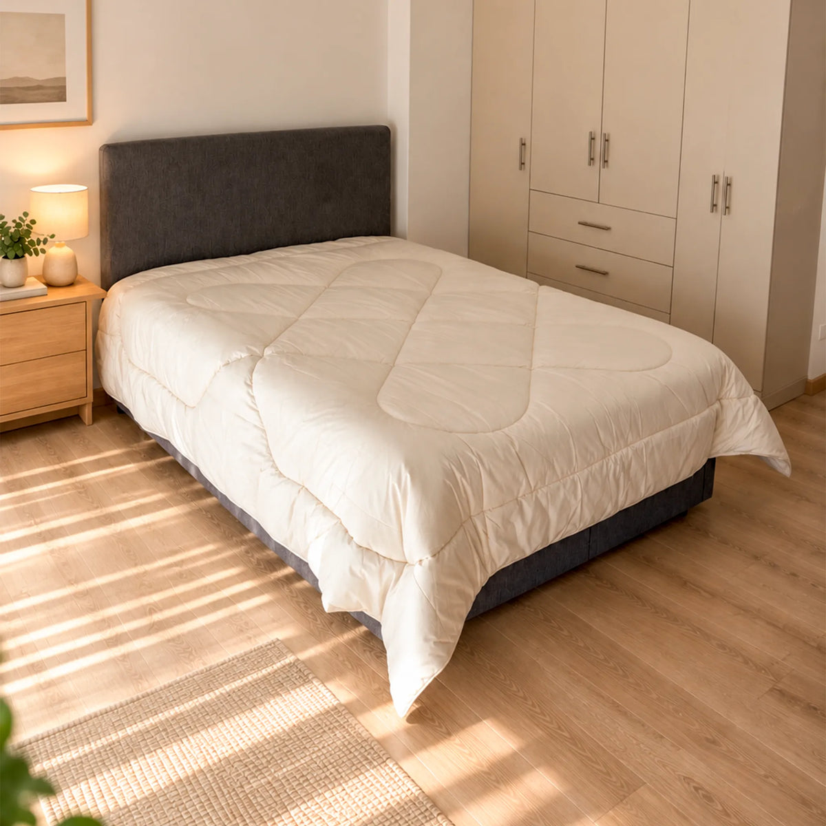 Bedroom with the Alpalove Extra Warm baby alpaca duvet on a bed in soft natural light