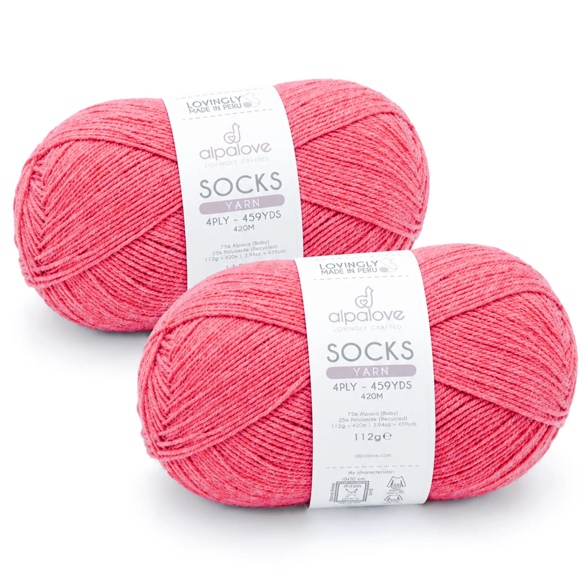 Two balls of Alpalove Raspberry Cream sock yarn, 75% baby alpaca 25% recycled polyamide