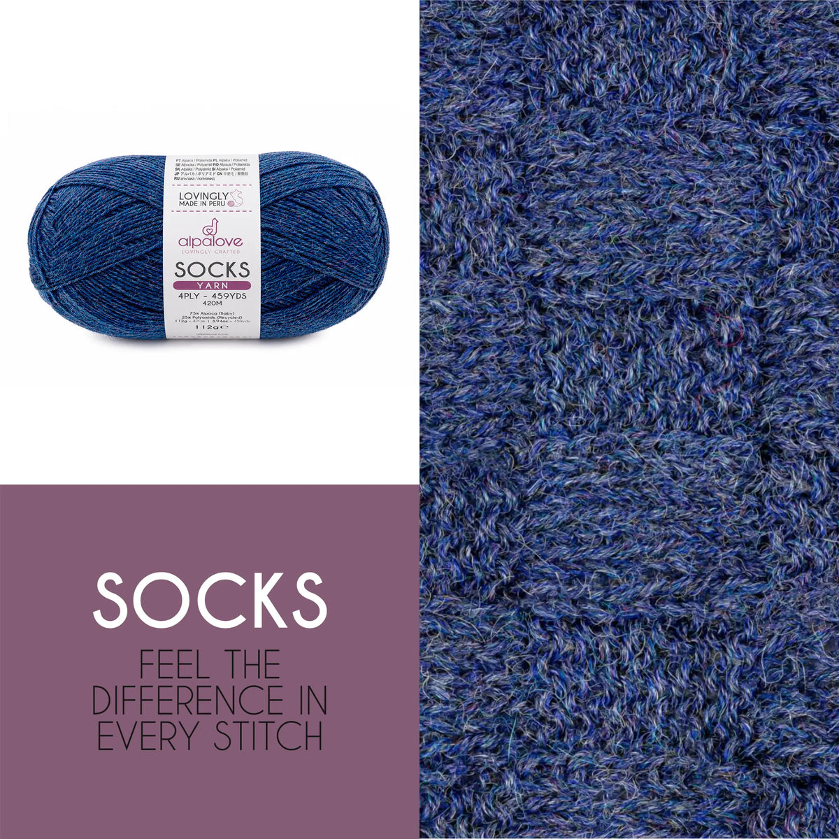Close-up of knit fabric in Alpalove Dark Blue baby alpaca sock yarn