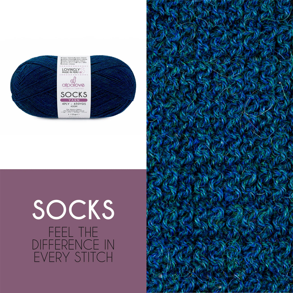 Close-up of knit fabric in Alpalove Deep Ocean baby alpaca sock yarn
