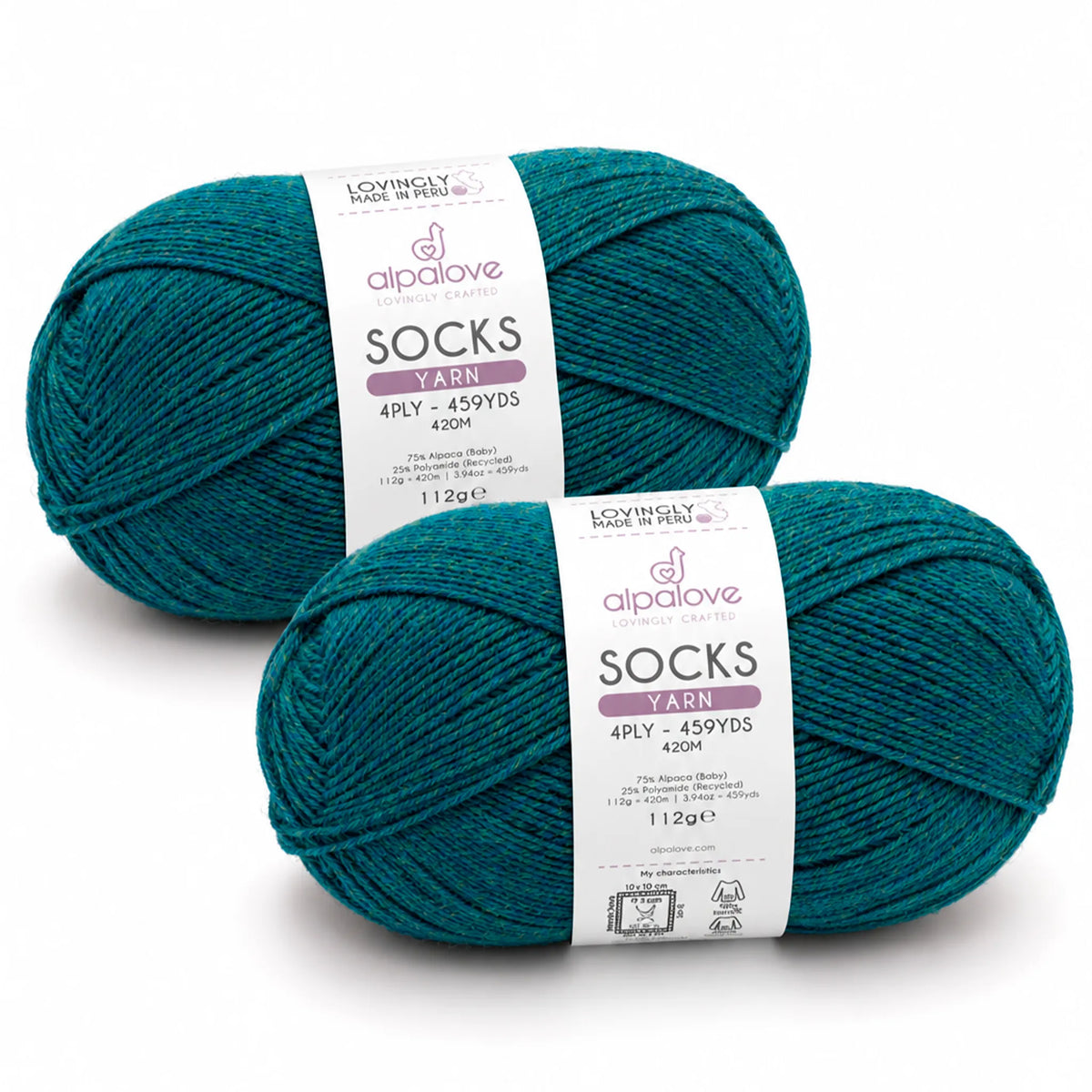 Two balls of Alpalove Blue Green sock yarn, 75% baby alpaca 25% recycled polyamide