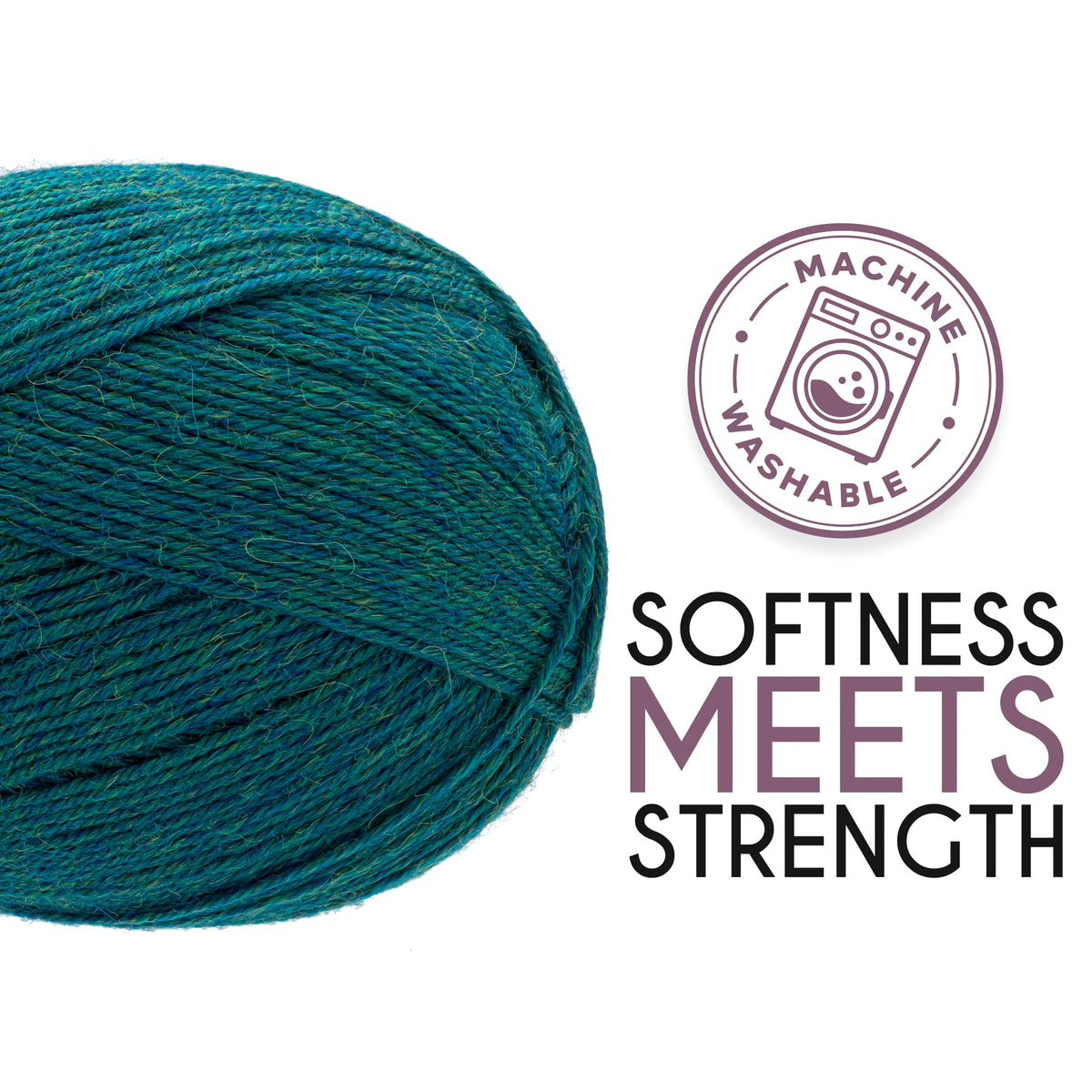 Ball of Alpalove Blue Green sock yarn, fingering weight, 459 yd per ball