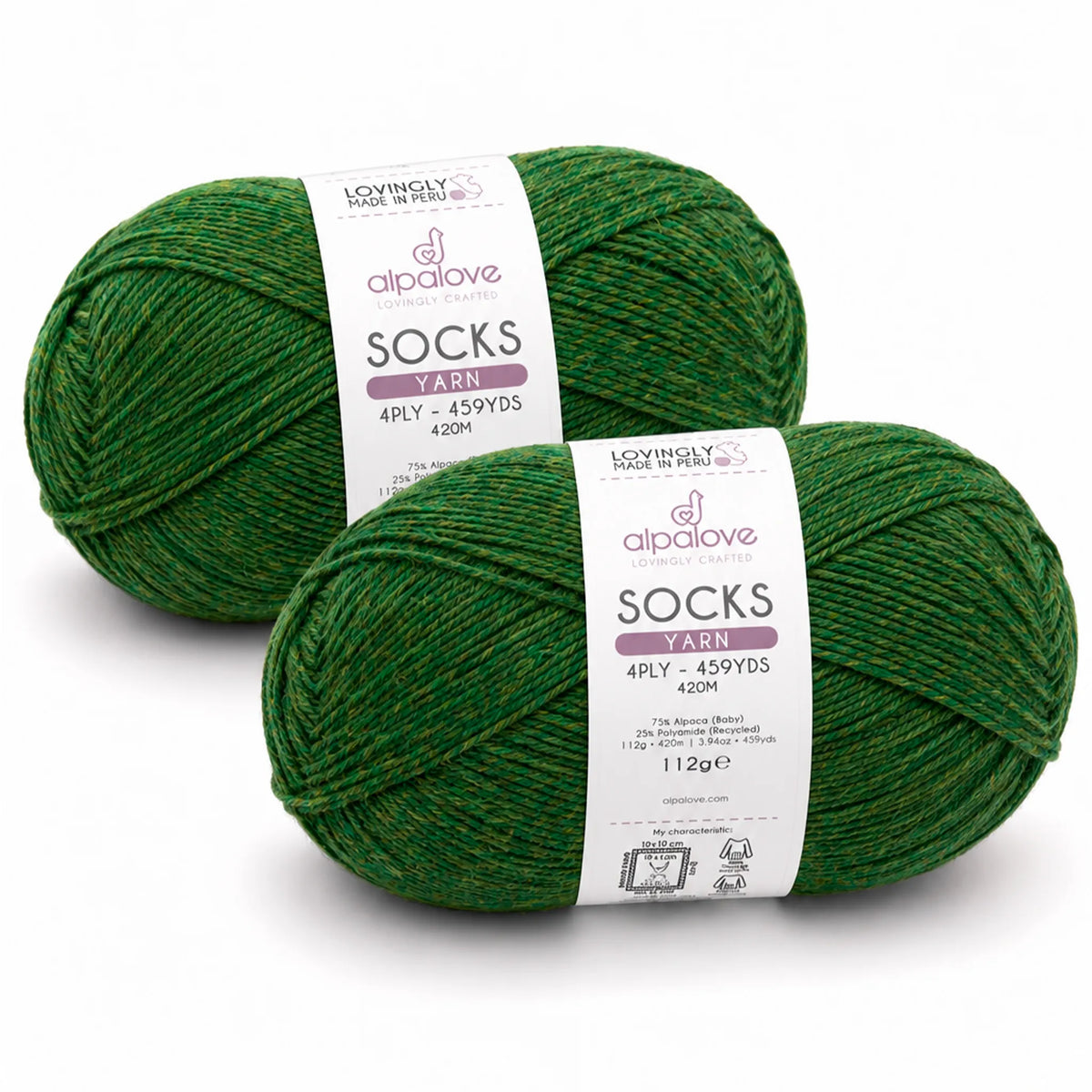 Two balls of Alpalove Middle Green sock yarn, 75% baby alpaca 25% recycled polyamide