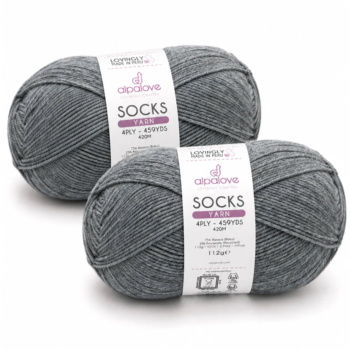 Two balls of Alpalove Light Gray sock yarn, 75% baby alpaca 25% recycled polyamide