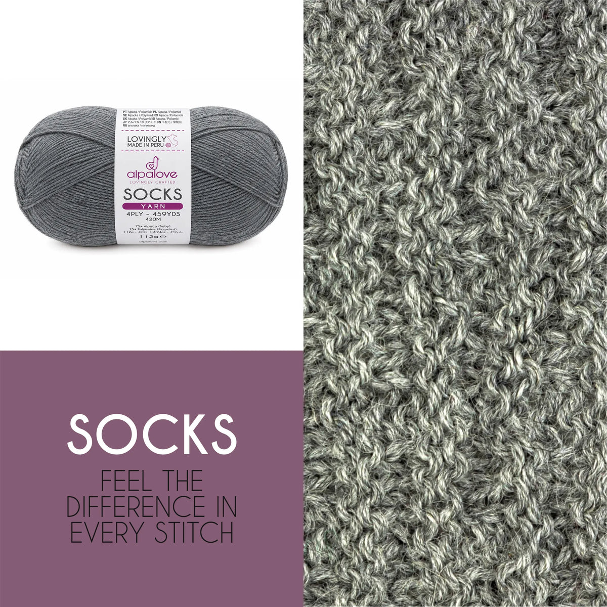 Close-up of knit fabric in Alpalove Light Gray baby alpaca sock yarn