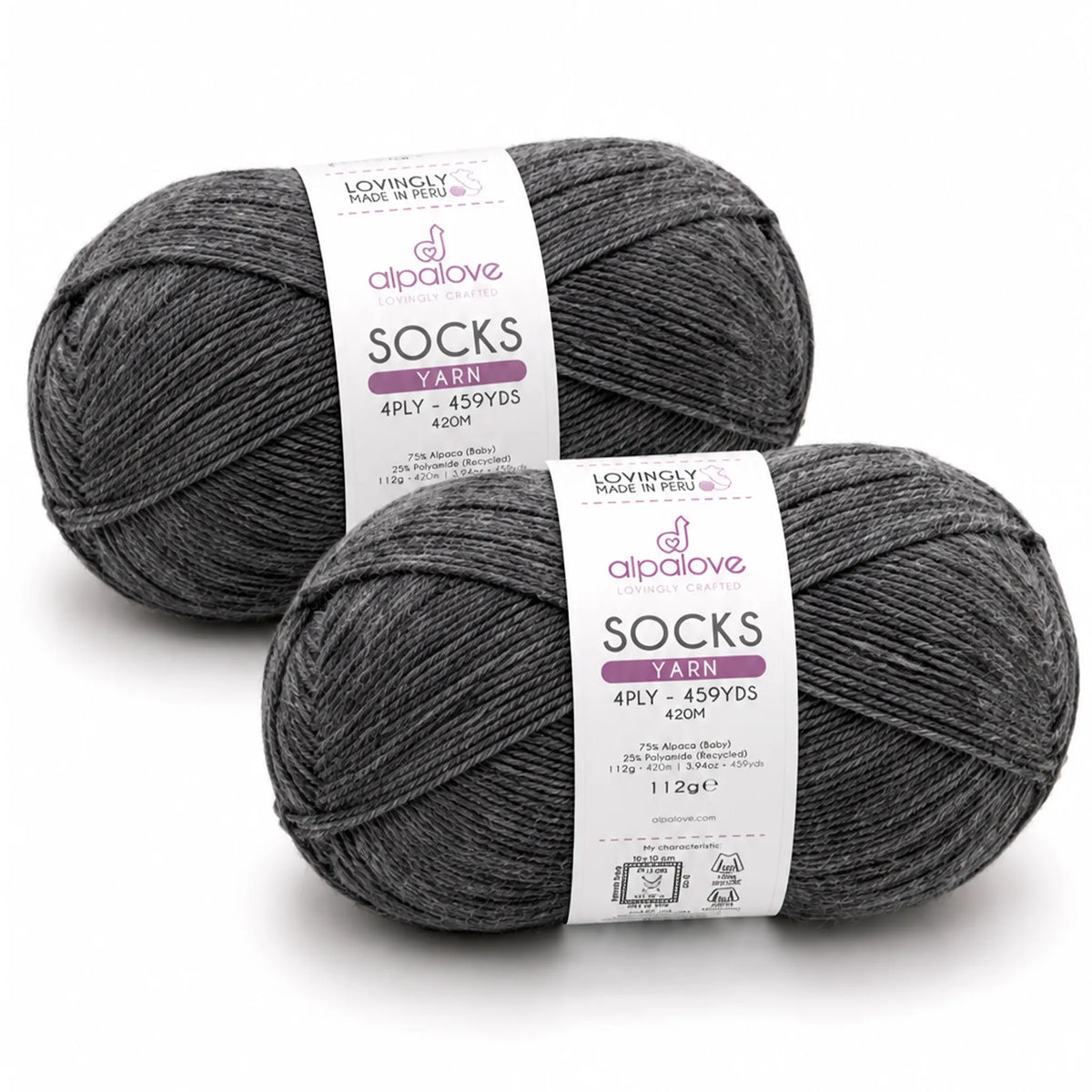 Two balls of Alpalove Dark Gray sock yarn, 75% baby alpaca 25% recycled polyamide