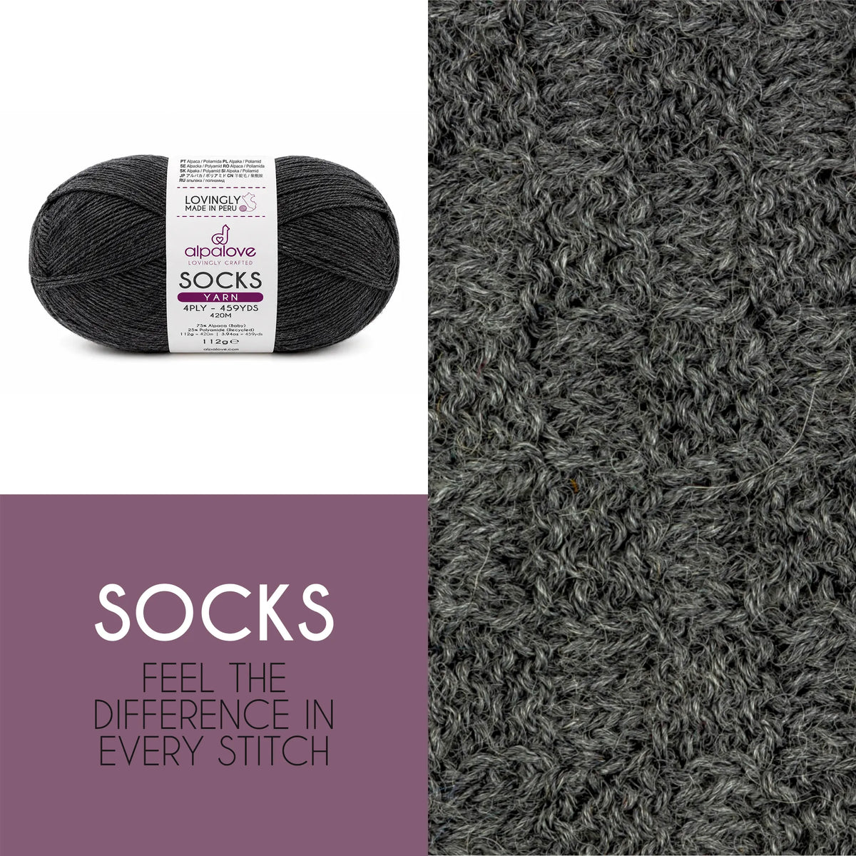 Close-up of knit fabric in Alpalove Dark Gray baby alpaca sock yarn
