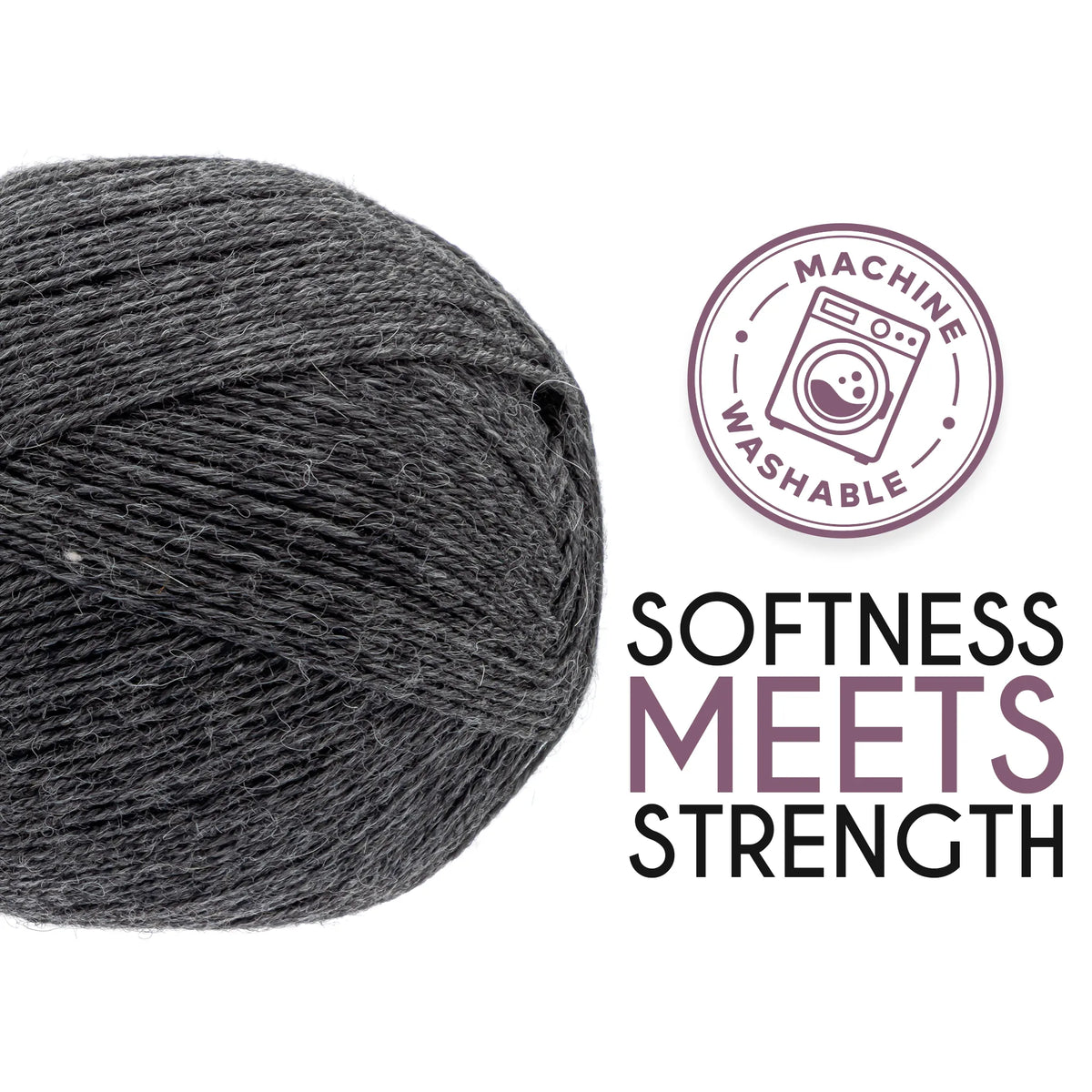Ball of Alpalove Dark Gray sock yarn, fingering weight, 459 yd per ball