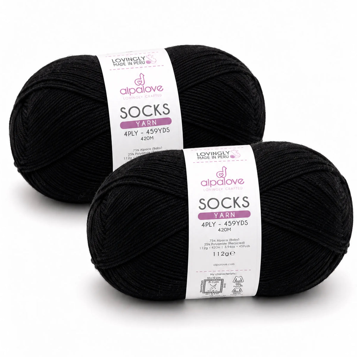 Two balls of Alpalove Black sock yarn, 75% baby alpaca 25% recycled polyamide